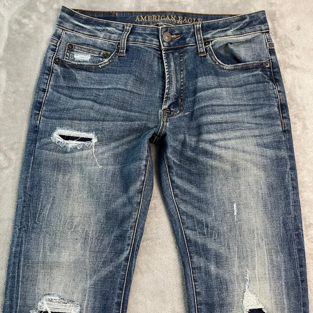 American Eagle Slim Straight Extreme Flex 4 Jeans Mens Blue Distressed 30x36